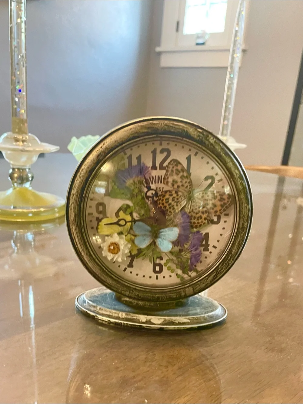 Vintage-Style Butterfly Floral Clock (decorative only)